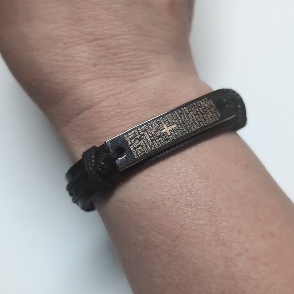 527 Spanish Prayer Black Leather Adjustable Slider Bracelet